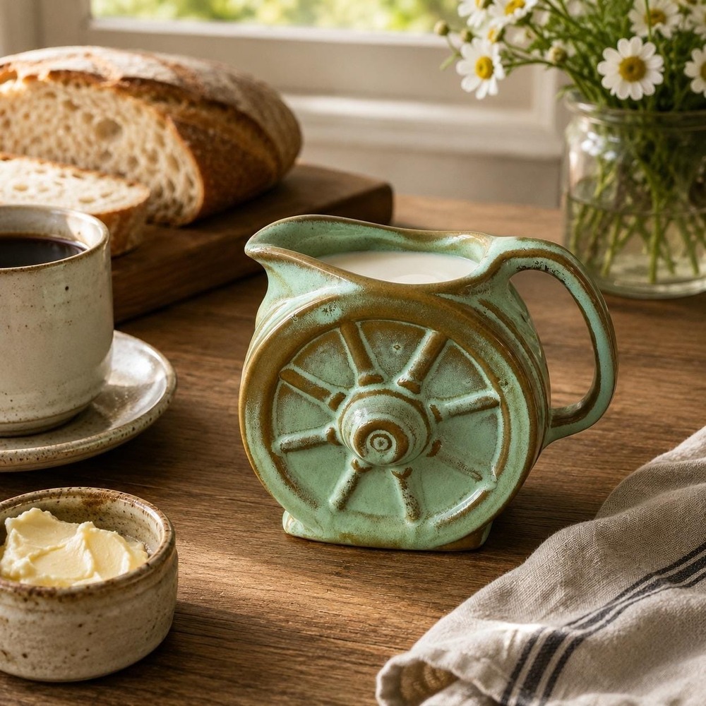 Vintage Frankoma Wagon Wheel Pitcher - Prairie Green Pottery Creamer - Ada Clay